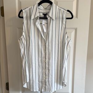Ann Taylor Winter White and Black and Light Green Striped Sleeveless Blouse NWT